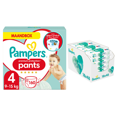 Pampers® Pampers Premium Protection Pants Maandbox Maat 4 160 Luierbroekjes En Aqua Pure 864 Billendoekjes Pakket 3 Pampers® Pampers Premium Protection Pants Maandbox Maat 4 160 Luierbroekjes En Aqua Pure 864 Billendoekjes Pakket