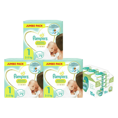 Pampers® Premium Protection Jumbo Pack Maat 1 2 5 Kg Maandbox 216 Stuks En Pampers Billendoekjes Harmonie Aqua 15x48 =720 Doekjes Pakket 3 Pampers® Premium Protection Jumbo Pack Maat 1 2 5 Kg Maandbox 216 Stuks En Pampers Billendoekjes Harmonie Aqua 15x48 =720 Doekjes Pakket